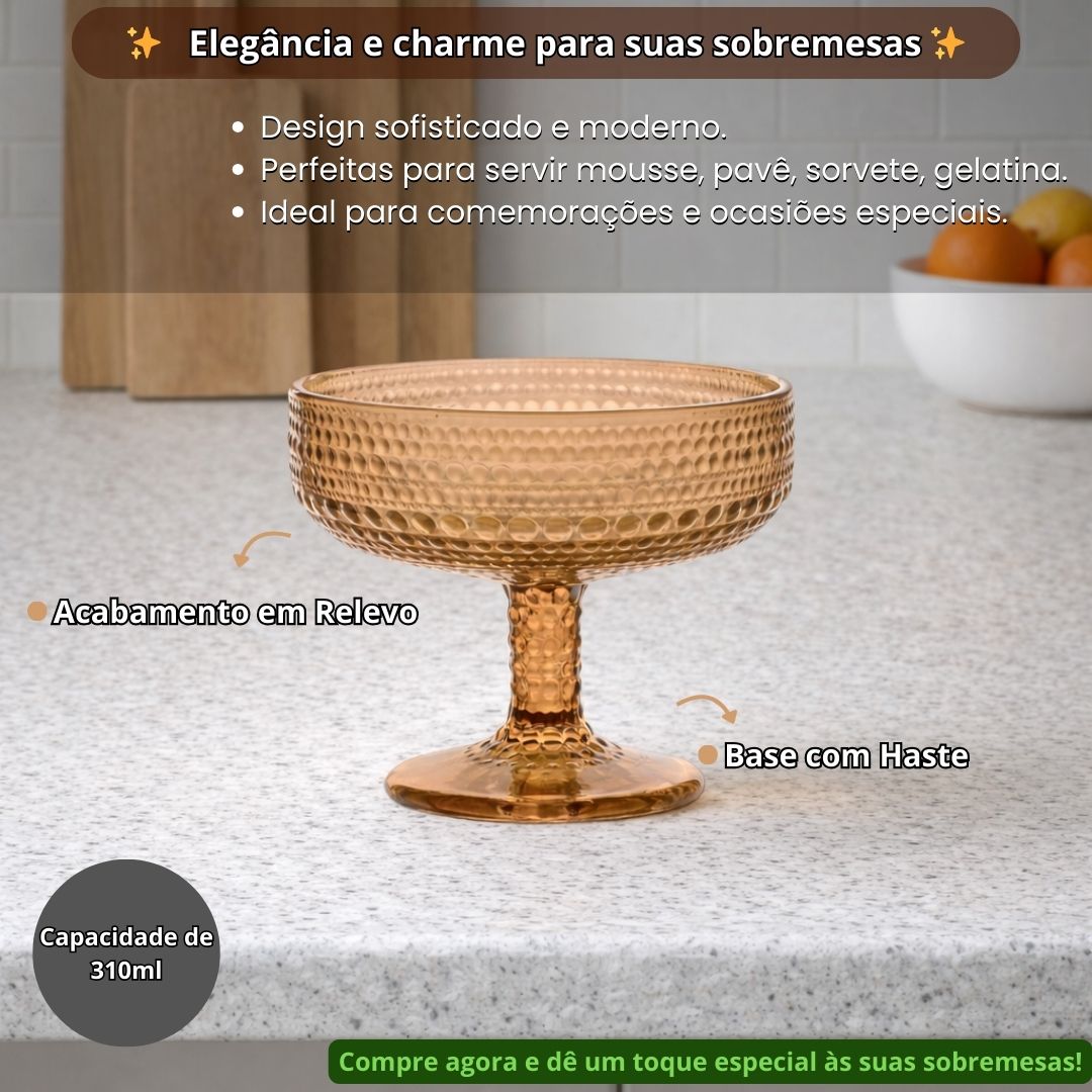 Jogo de Taças para Sobremesa Pérola Âmbar 6 Peças 310ml Vidro Mesa Posta Cozinha Sorvete Doces Resistente Haste Decorati - Imagem 2