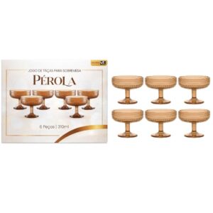 Jogo de Taças para Sobremesa Pérola Âmbar 6 Peças 310ml Vidro Mesa Posta Cozinha Sorvete Doces Resistente Haste Decorati