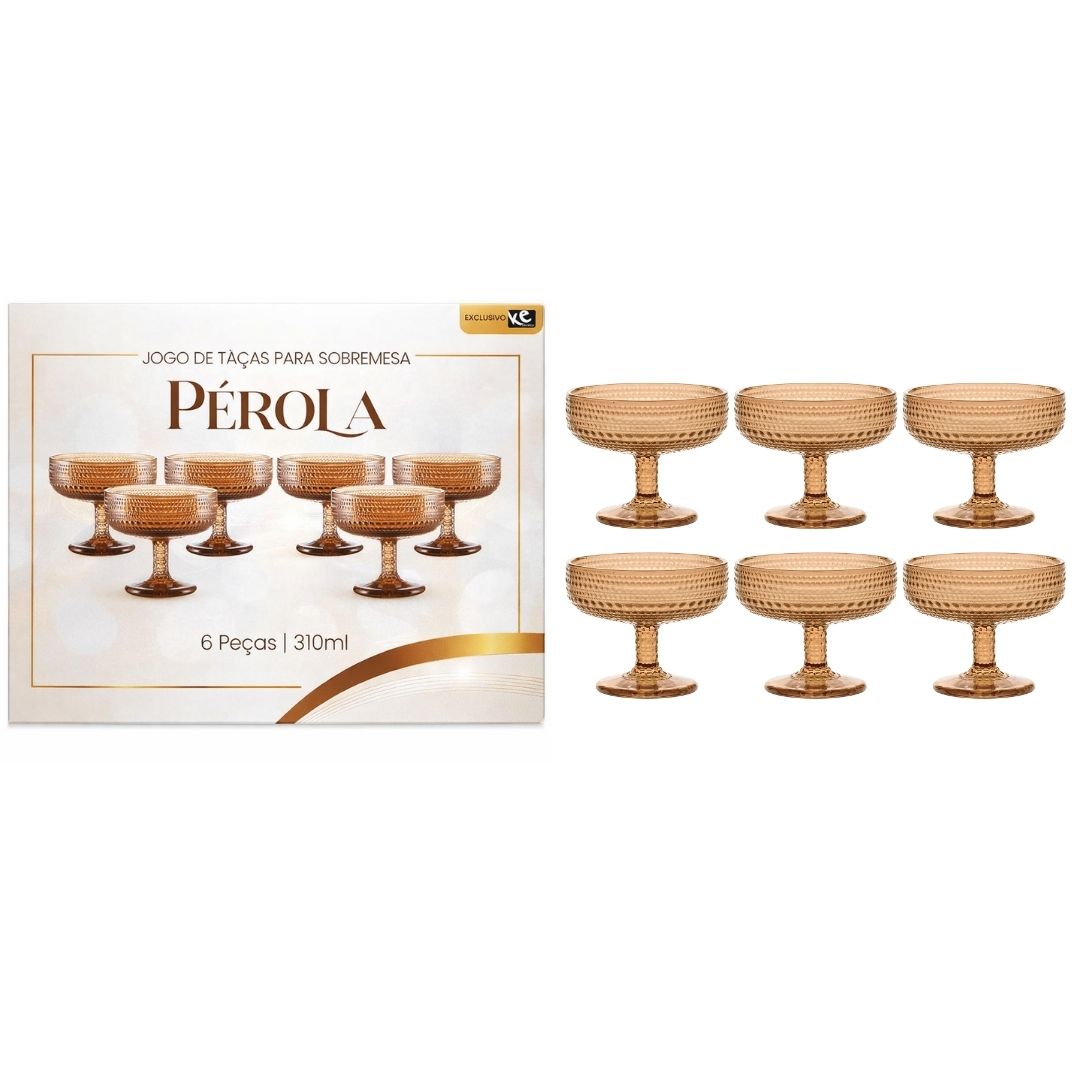 Jogo de Taças para Sobremesa Pérola Âmbar 6 Peças 310ml Vidro Mesa Posta Cozinha Sorvete Doces Resistente Haste Decorati