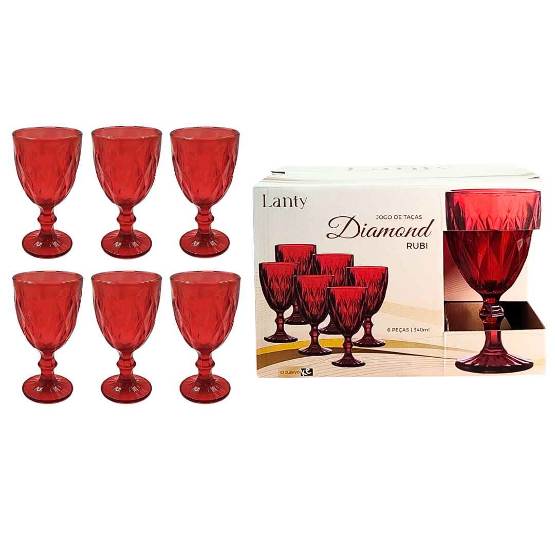 Jogo de Taças Diamond Rubi 6 Peças 340ml Haste Mesa Posta Vidro Elegante Vinho Água Suco Bebidas Resistentes Drinks Luxo