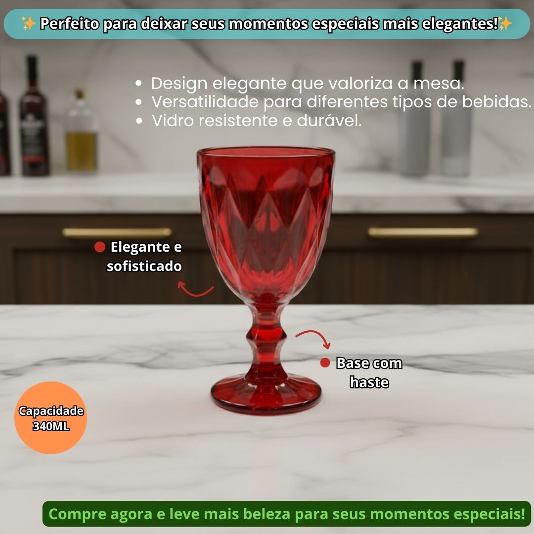 Jogo de Taças Diamond Rubi 6 Peças 340ml Haste Mesa Posta Vidro Elegante Vinho Água Suco Bebidas Resistentes Drinks Luxo - Imagem 2