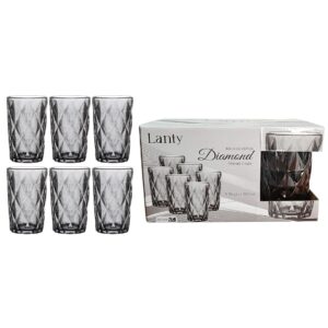 Jogo de Copos Diamond Cinza 6 Peças 350ml Relevo Vidro Mesa Posta Cozinha Elegante Luxo Água Suco Bebidas Resistentes
