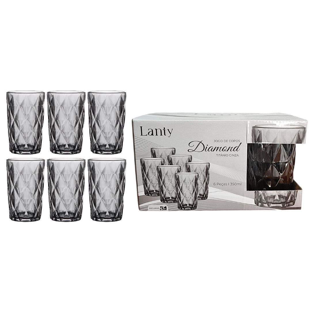 Jogo de Copos Diamond Cinza 6 Peças 350ml Relevo Vidro Mesa Posta Cozinha Elegante Luxo Água Suco Bebidas Resistentes