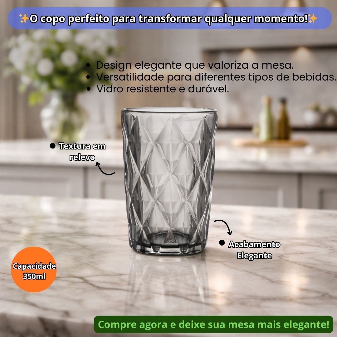 Jogo de Copos Diamond Cinza 6 Peças 350ml Relevo Vidro Mesa Posta Cozinha Elegante Luxo Água Suco Bebidas Resistentes - Imagem 2