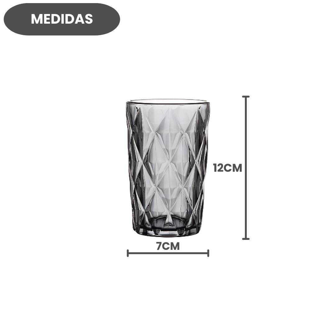 Jogo de Copos Diamond Cinza 6 Peças 350ml Relevo Vidro Mesa Posta Cozinha Elegante Luxo Água Suco Bebidas Resistentes - Imagem 5