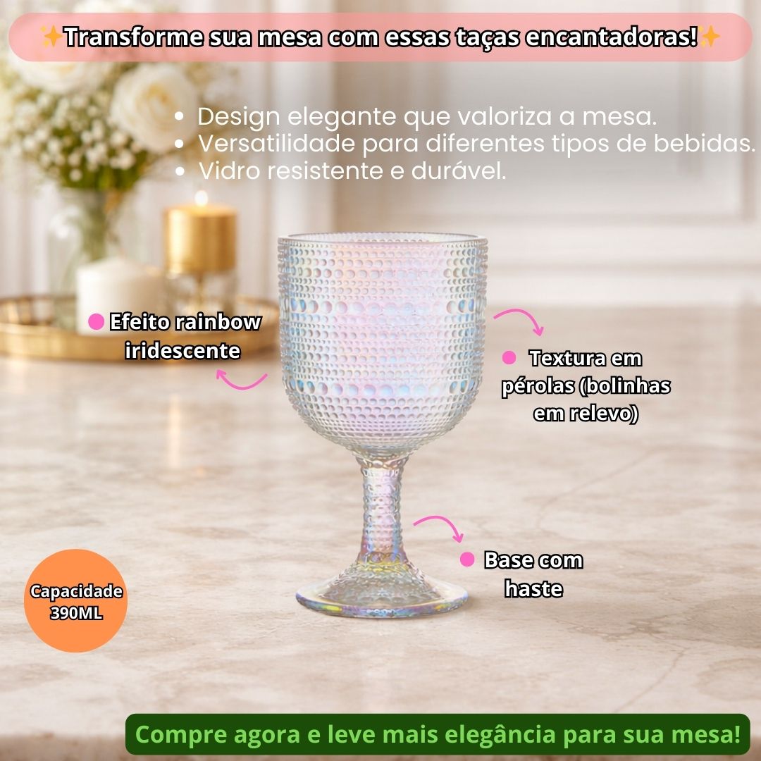 Jogo de Taças Pérola Rainbow 6 Peças 390ml Furta-Cor Haste Mesa Posta Vidro Elegante Vinho Água Suco Bebidas Resistentes - Imagem 2
