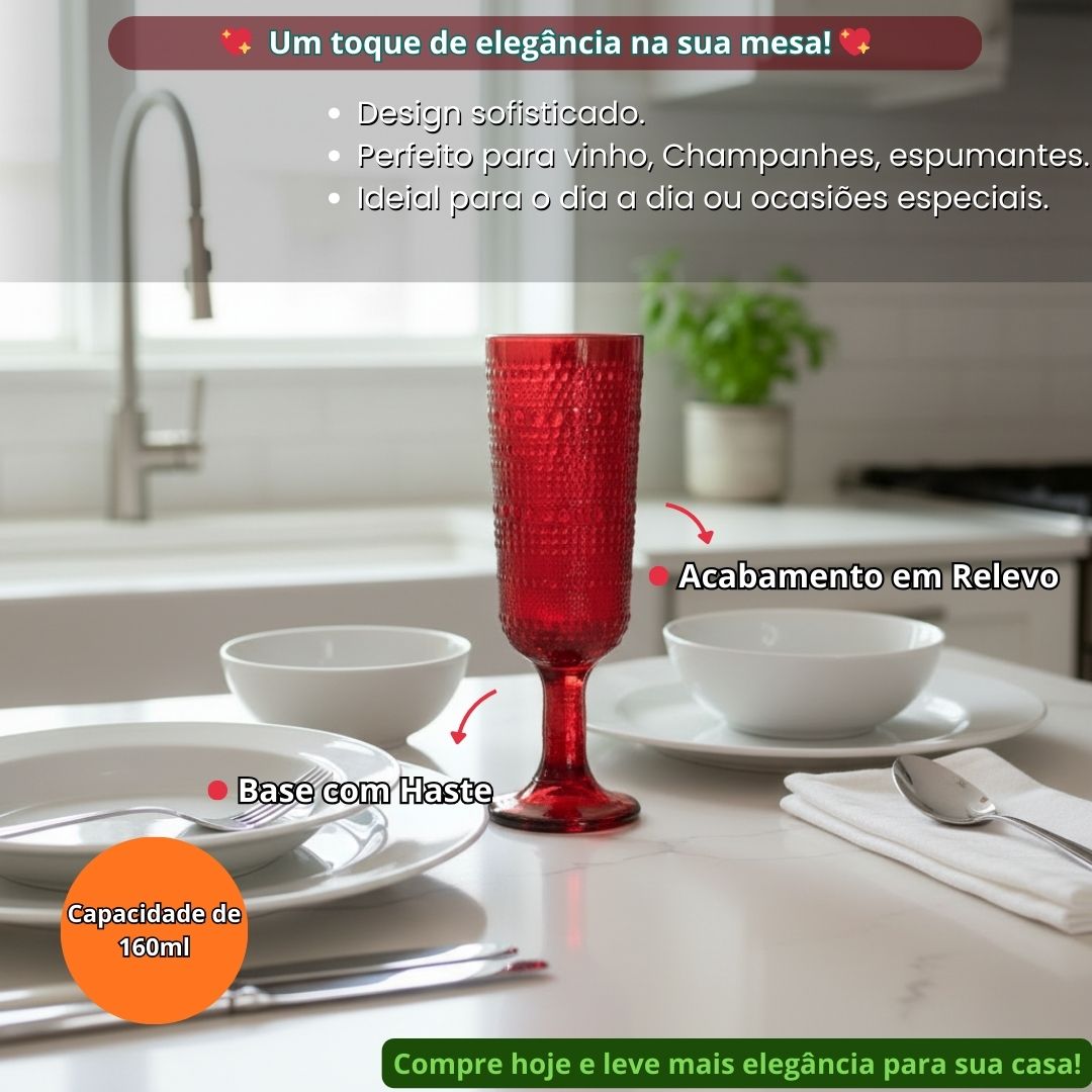Jogo de Taças Champanhe Pérola Rubi 6 Peças 160ml Haste Mesa Posta Vidro Elegante Jantar Bebidas Resistentes Drinks Luxo - Imagem 2