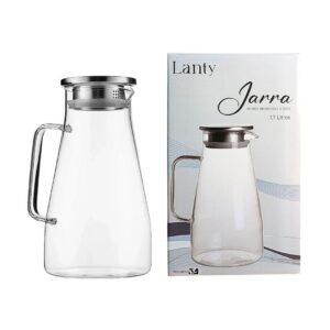 Jarra de Vidro Borossilicato com Tampa Inox 1,7L Mesa Posta Bebidas Água Suco Elegante Luxo Servir Alça Transparente Coz