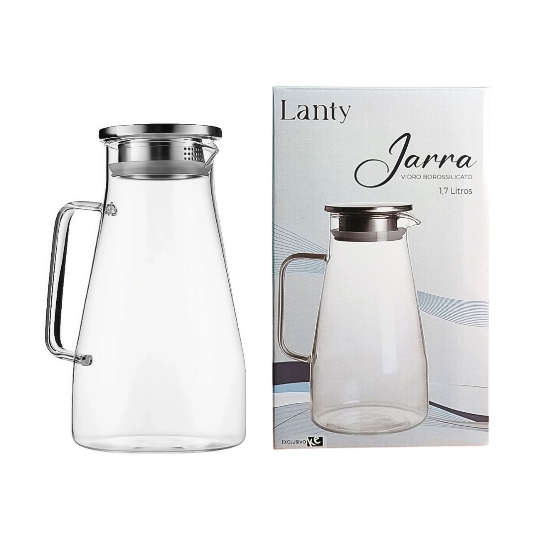 Jarra de Vidro Borossilicato com Tampa Inox 1,7L Mesa Posta Bebidas Água Suco Elegante Luxo Servir Alça Transparente Coz