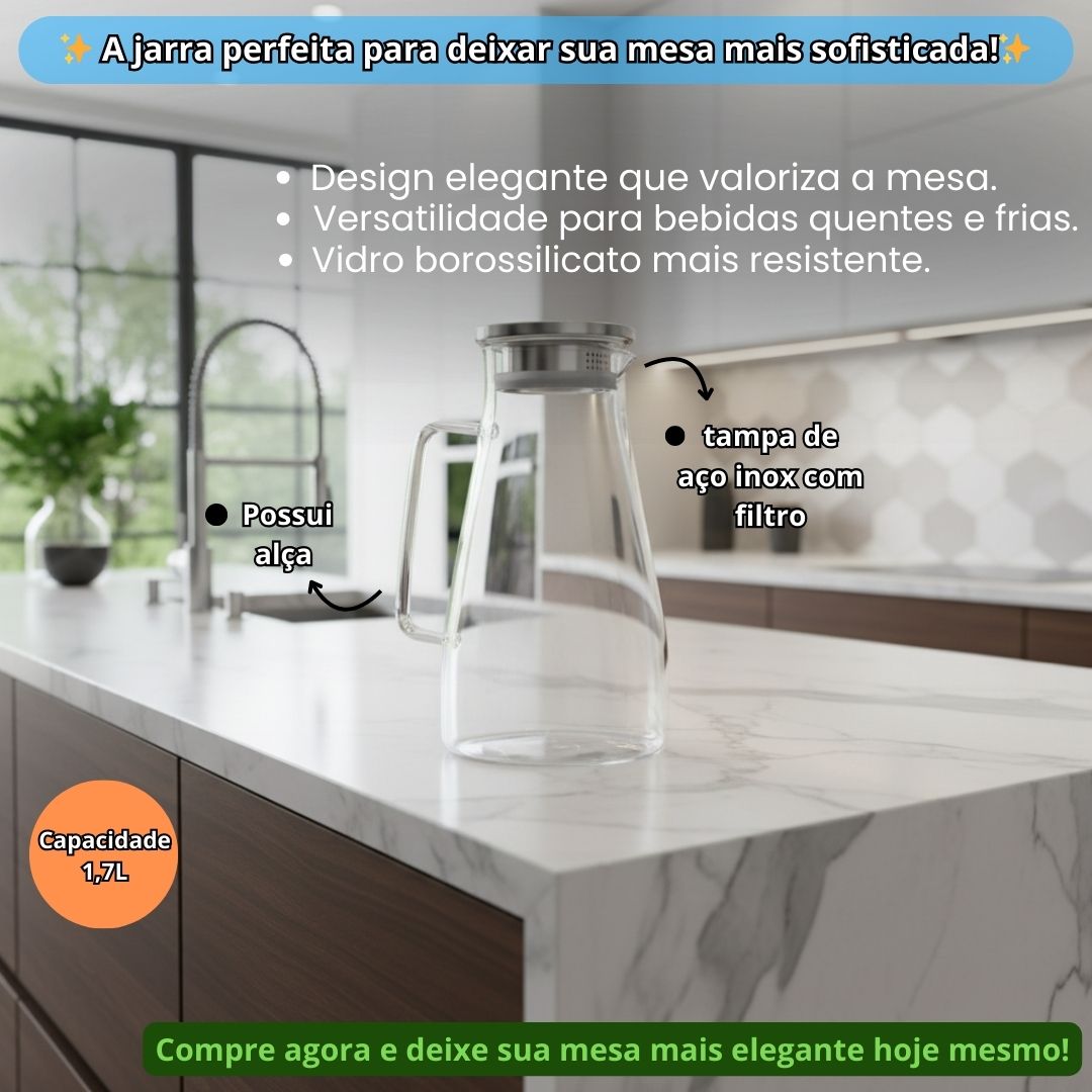 Jarra de Vidro Borossilicato com Tampa Inox 1,7L Mesa Posta Bebidas Água Suco Elegante Luxo Servir Alça Transparente Coz - Imagem 2