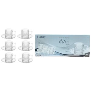 Jogo com 6 Xícaras e 6 Pires Ástra 85ml Café Vidro Alça Mesa Posta Café da Manhã Elegante Presente Luxo Cozinha