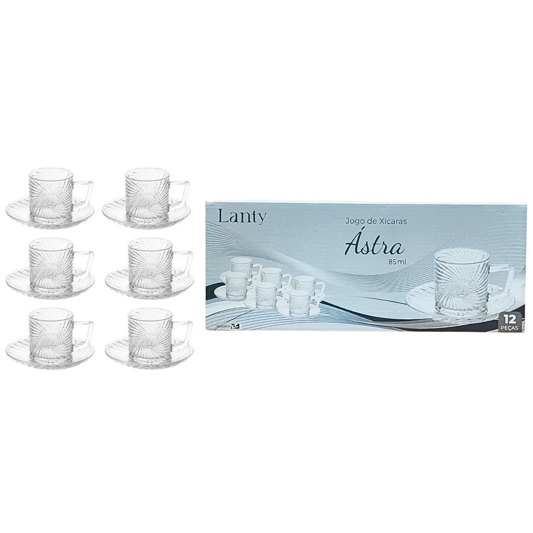 Jogo com 6 Xícaras e 6 Pires Ástra 85ml Café Vidro Alça Mesa Posta Café da Manhã Elegante Presente Luxo Cozinha