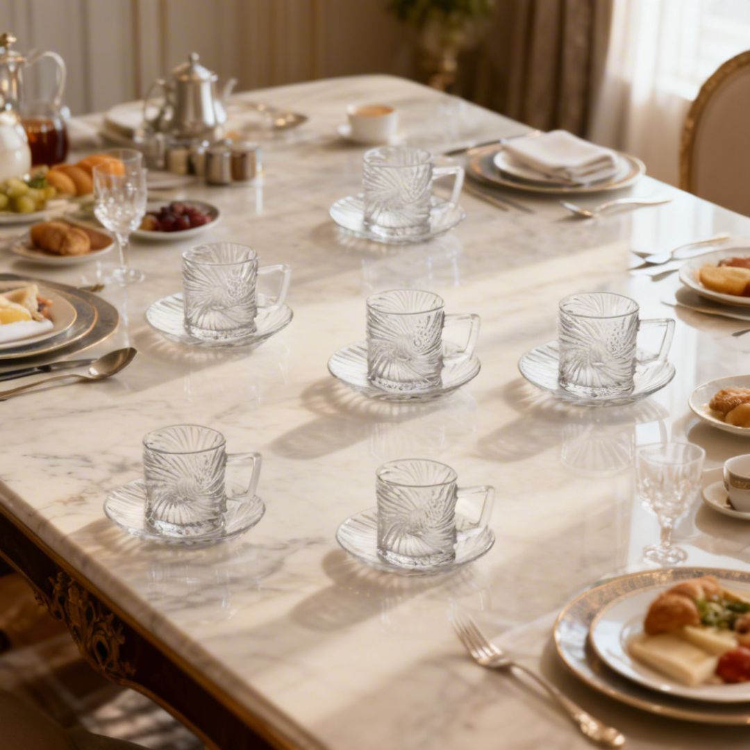 Jogo com 6 Xícaras e 6 Pires Ástra 85ml Café Vidro Alça Mesa Posta Café da Manhã Elegante Presente Luxo Cozinha - Imagem 3