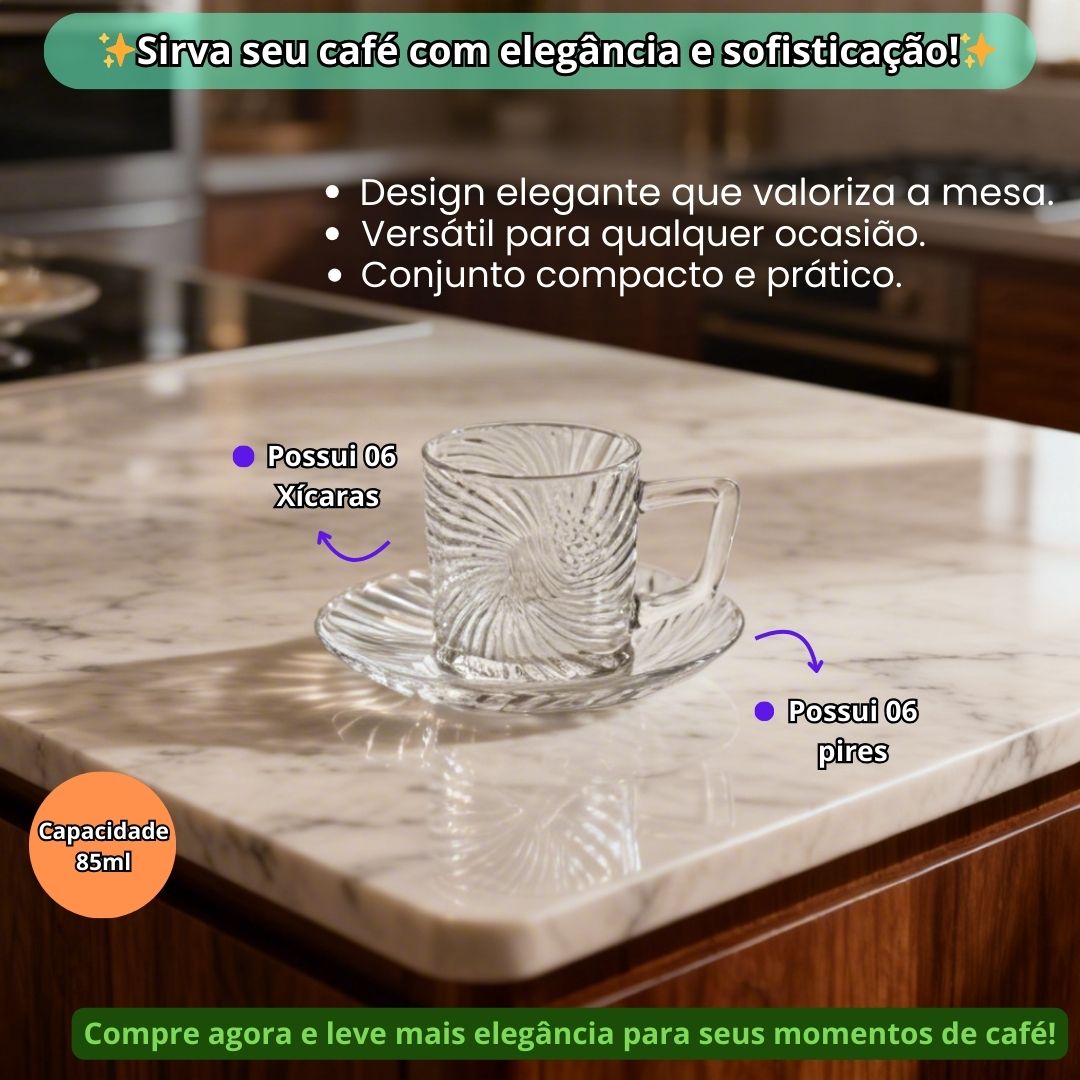 Jogo com 6 Xícaras e 6 Pires Ástra 85ml Café Vidro Alça Mesa Posta Café da Manhã Elegante Presente Luxo Cozinha - Imagem 2