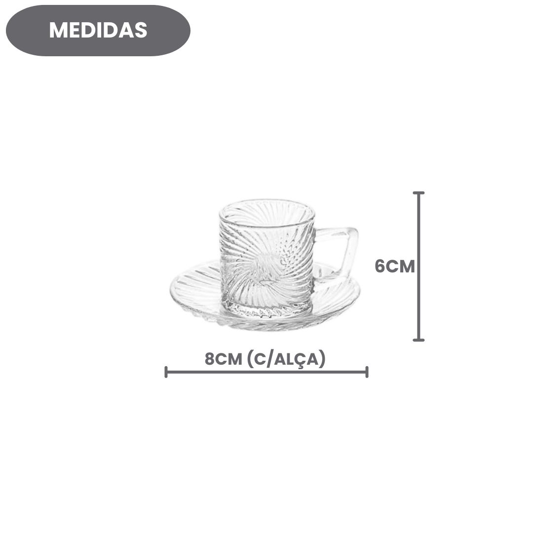 Jogo com 6 Xícaras e 6 Pires Ástra 85ml Café Vidro Alça Mesa Posta Café da Manhã Elegante Presente Luxo Cozinha - Imagem 5