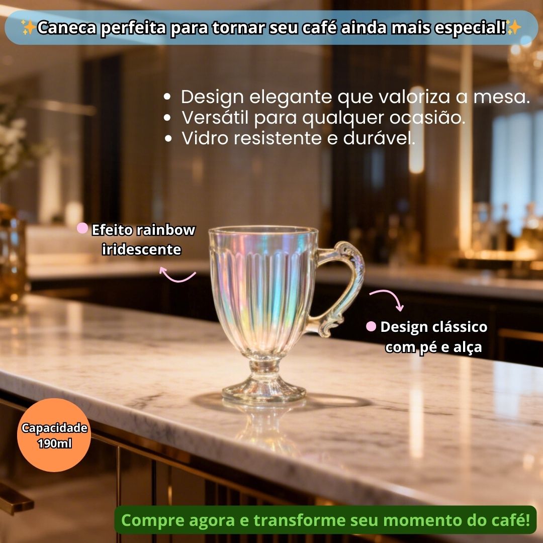 Jogo de Canecas Roma Rainbow 6 Peças 190ml Furta-cor Vidro Café Chá Cappuccino Bebidas Mesa Posta Luxo Elegante Presente - Imagem 2