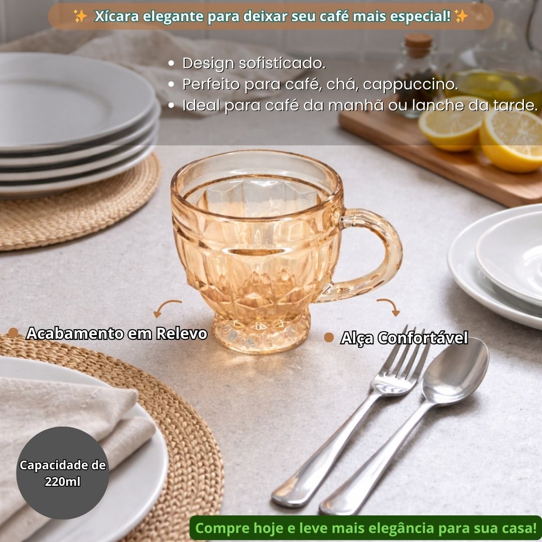 Jogo de Xícaras Riviera Âmbar 220ml 6 Peças Vidro Alça Mesa Posta Café da Manhã Elegante Presente Luxo Cozinha - Imagem 2