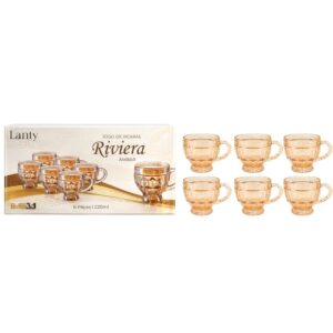 Jogo de Xícaras Riviera Âmbar 220ml 6 Peças Vidro Alça Mesa Posta Café da Manhã Elegante Presente Luxo Cozinha