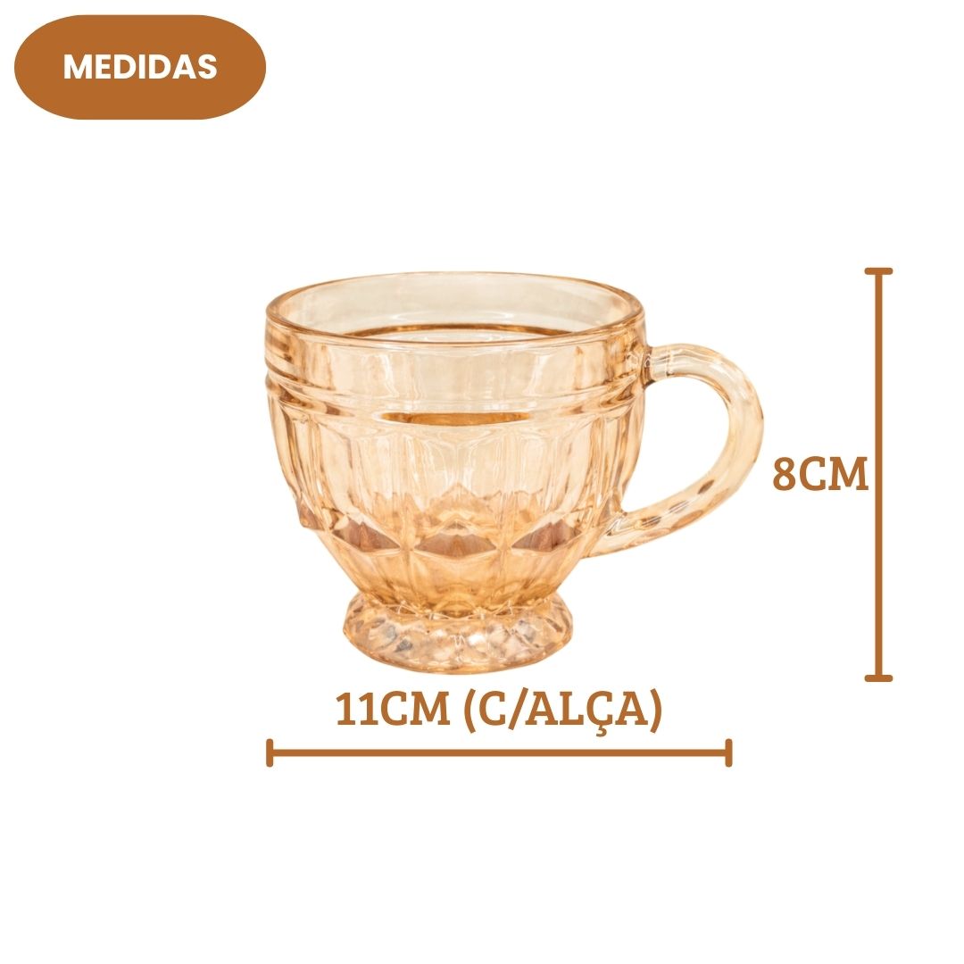 Jogo de Xícaras Riviera Âmbar 220ml 6 Peças Vidro Alça Mesa Posta Café da Manhã Elegante Presente Luxo Cozinha - Imagem 4