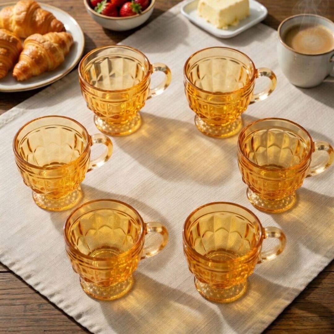 Jogo de Xícaras Riviera Âmbar 220ml 6 Peças Vidro Alça Mesa Posta Café da Manhã Elegante Presente Luxo Cozinha - Imagem 3