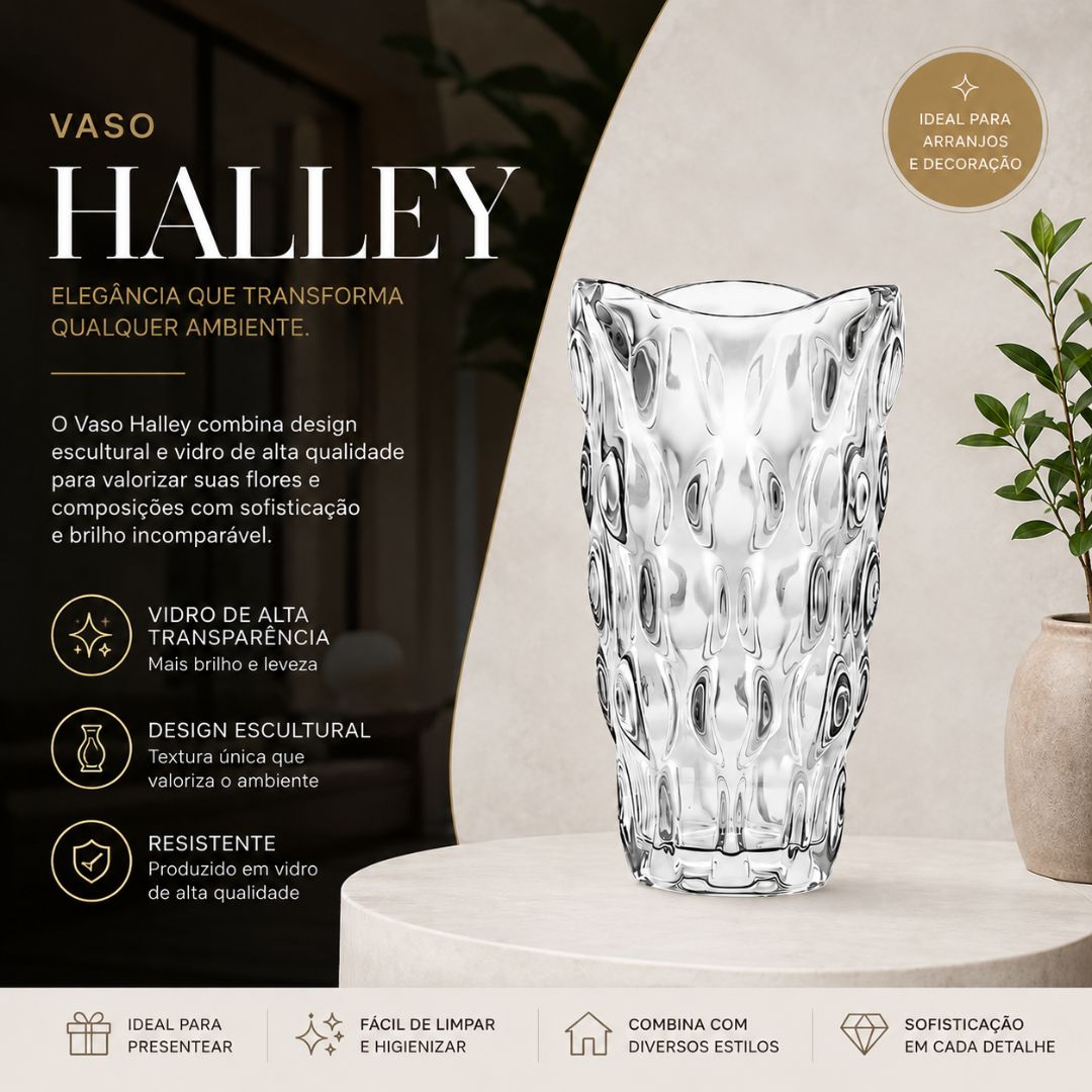 Vaso Decorativo Halley Vidro Sala Mesa Decoração Cozinha Flores Elegante Luxo Moderno Enfeite - Imagem 2