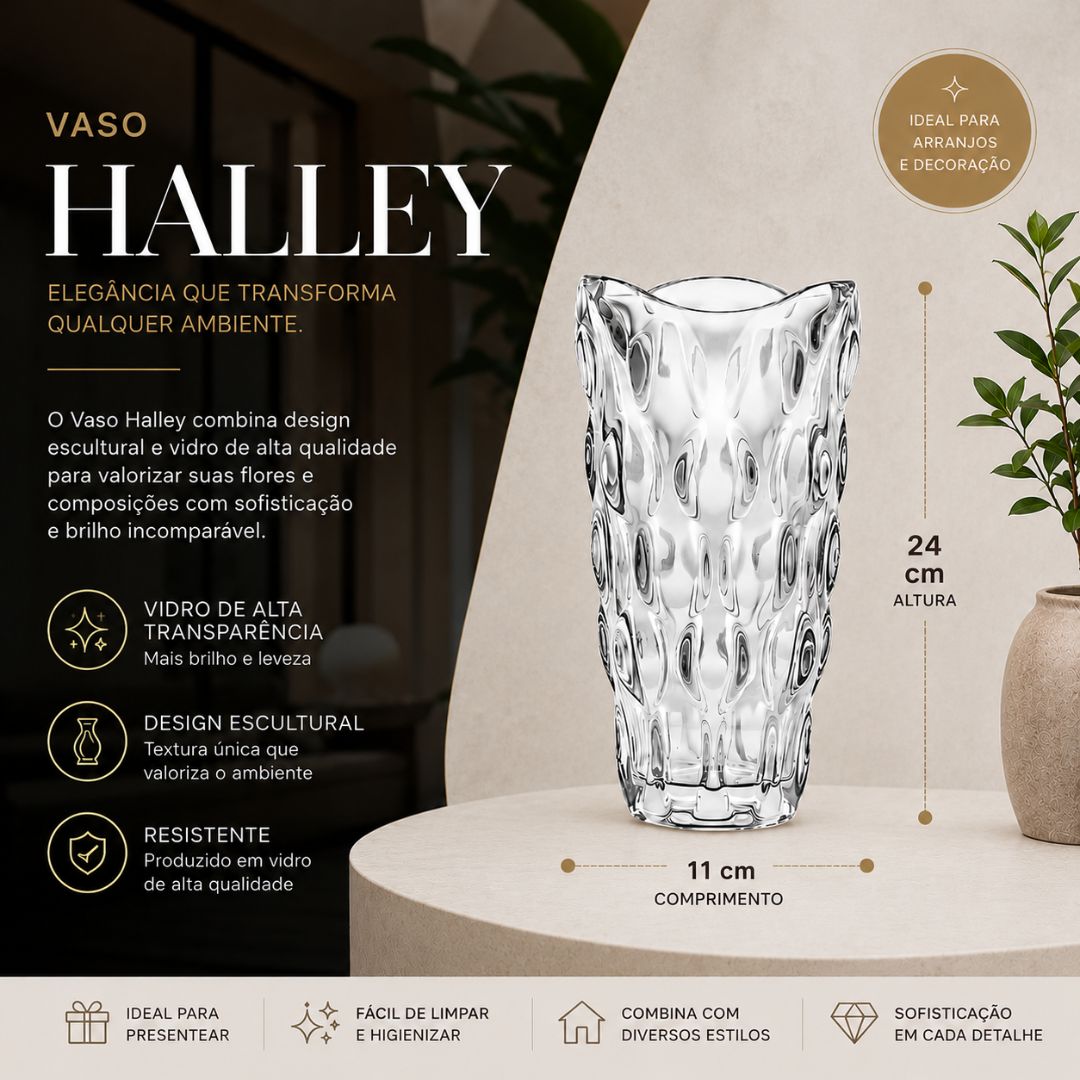 Vaso Decorativo Halley Vidro Sala Mesa Decoração Cozinha Flores Elegante Luxo Moderno Enfeite - Imagem 5