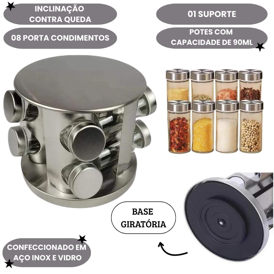 Porta Tempero 08 Potes Vidro Tampa Aço Inoxidável Cozinha Jantar Praticidade Giratório Condimentos - Imagem 2