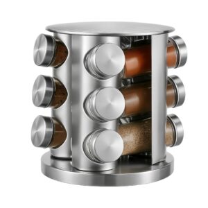 Porta Tempero 12 Potes Vidro Tampa Aço Inoxidável Cozinha Jantar Praticidade Giratório Condimentos