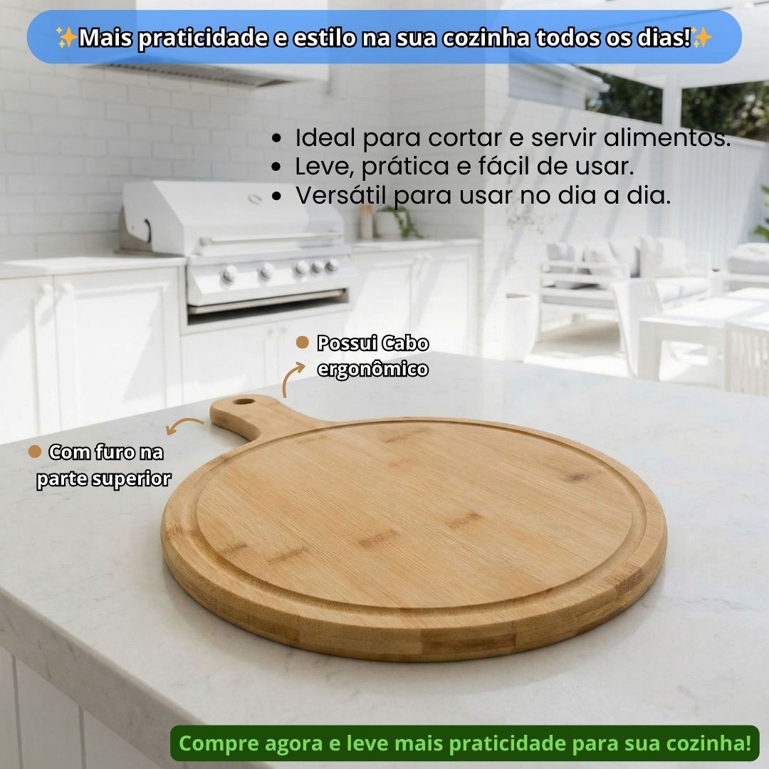 Tábua Multiuso Redonda Tam G Madeira Cortar Churrasco Servir Carne Amigos Família Frios Petiscos Cabo Queijo Legumes Pai - Imagem 2
