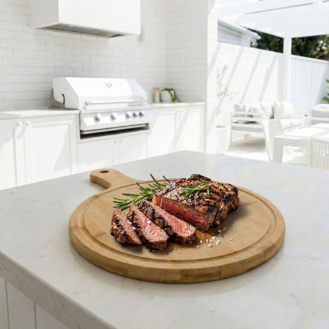 Tábua Multiuso Redonda Tam G Madeira Cortar Churrasco Servir Carne Amigos Família Frios Petiscos Cabo Queijo Legumes Pai - Imagem 3