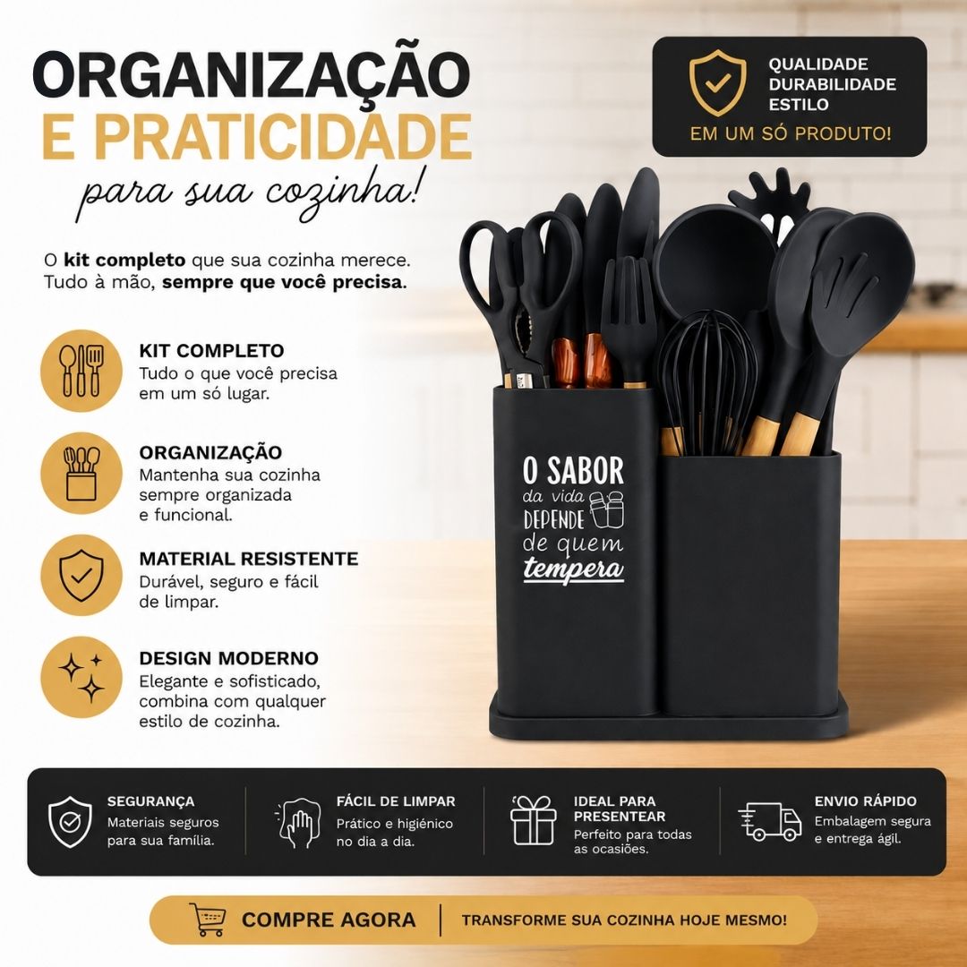 Kit de Utensílios Montana Preto 19 Peças Suporte Cozinha Silicone Completo Moderno Resistente Culinária - Imagem 2