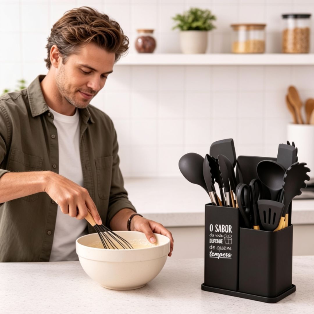 Kit de Utensílios Montana Preto 19 Peças Suporte Cozinha Silicone Completo Moderno Resistente Culinária - Imagem 4