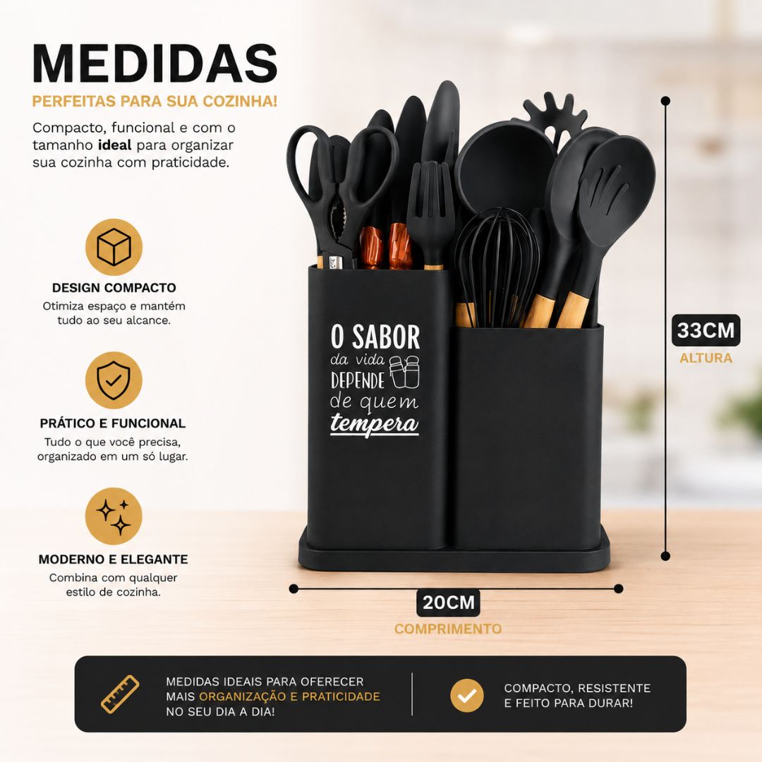 Kit de Utensílios Montana Preto 19 Peças Suporte Cozinha Silicone Completo Moderno Resistente Culinária - Imagem 5