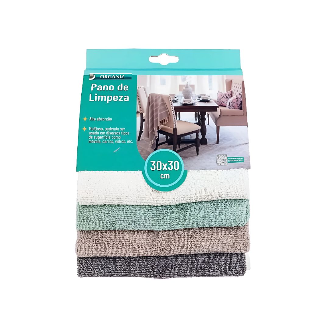 Kit Pano de Limpeza 4 Peças Cinza Marrom Verde Off-White Microfibra Alta Absorção Multiuso Reutilizável Macio Casa Vidro
