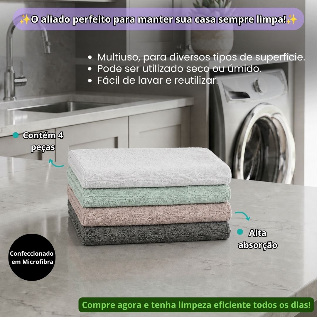 Kit Pano de Limpeza 4 Peças Cinza Marrom Verde Off-White Microfibra Alta Absorção Multiuso Reutilizável Macio Casa Vidro - Imagem 2