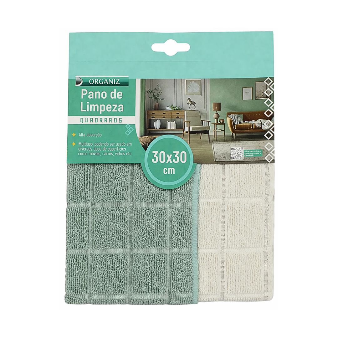 Kit Pano de Limpeza Quadriculado 2 Peças Branco e Verde Bege e Cinza Microfibra Alta Absorção Multiuso Reutilizável Maci - Imagem 2