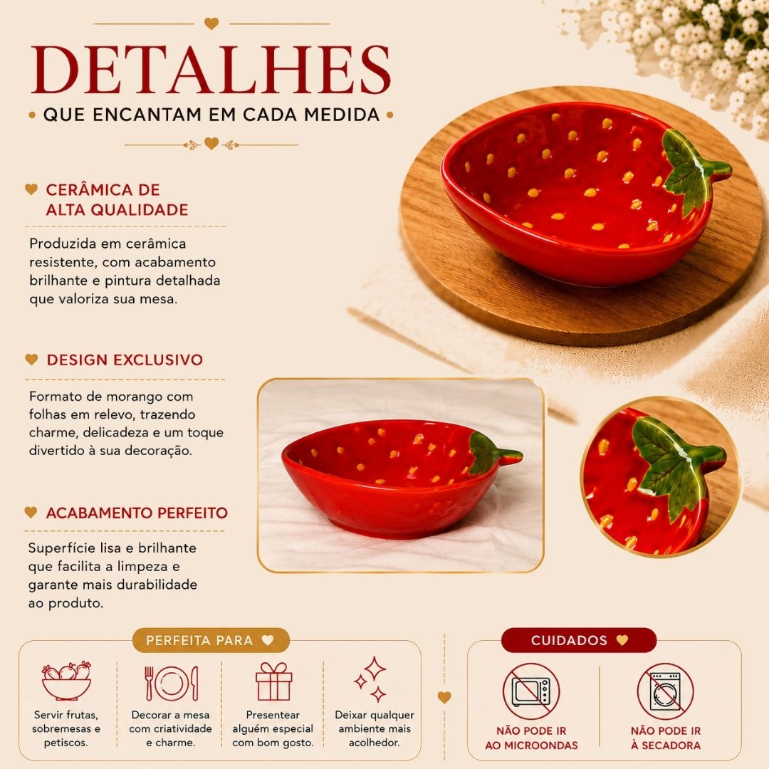 Bowl Formato Morango De Cerâmica Vermelho Sobremesa Petiscos Cozinha Molhos Jantar Presente Mesa Posta - Imagem 2