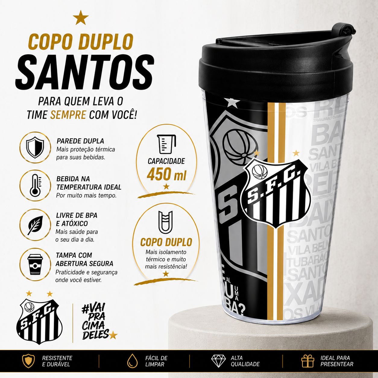 Copo Duplo Santos 450ml Parede Dupla Tampa Peixe Santista Torcedor Futebol Pai Amigo Presente - Imagem 2