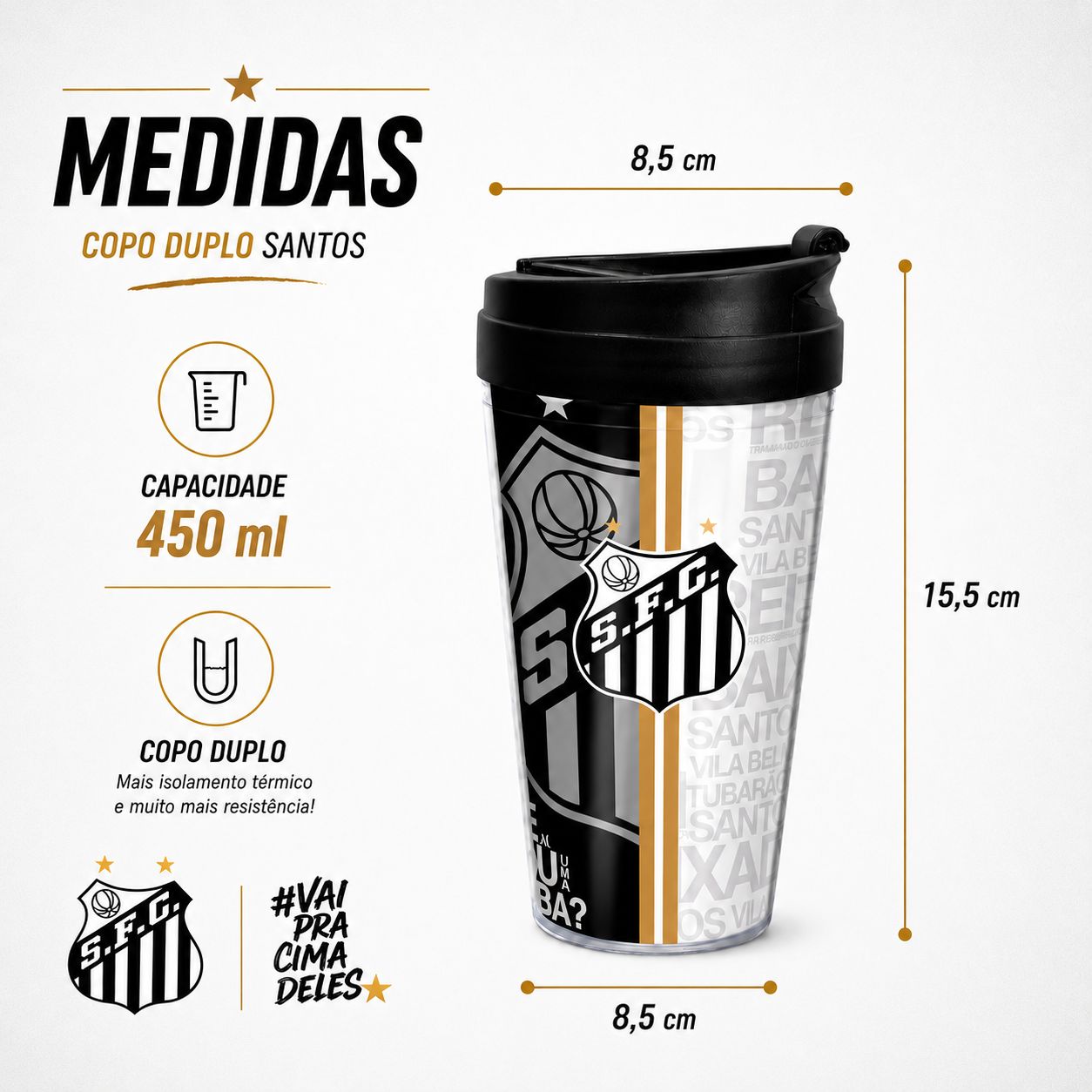 Copo Duplo Santos 450ml Parede Dupla Tampa Peixe Santista Torcedor Futebol Pai Amigo Presente - Imagem 5