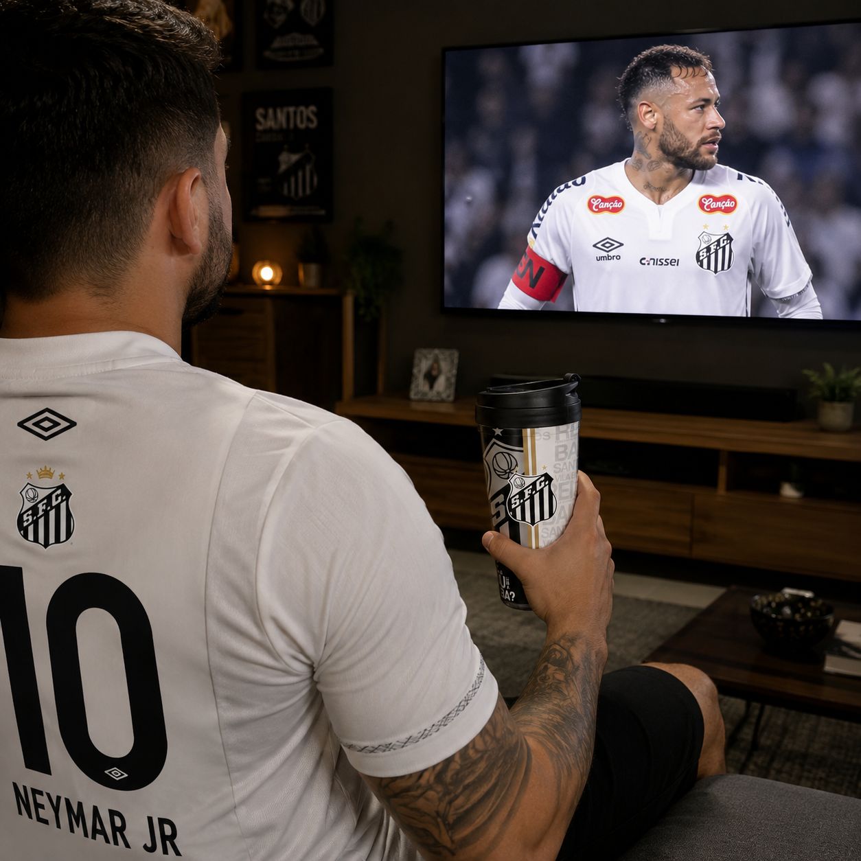 Copo Duplo Santos 450ml Parede Dupla Tampa Peixe Santista Torcedor Futebol Pai Amigo Presente - Imagem 3