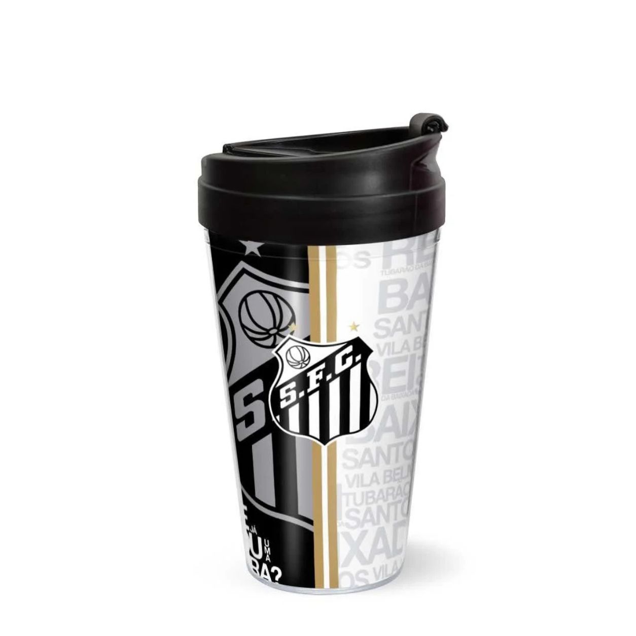 Copo Duplo Santos 450ml Parede Dupla Tampa Peixe Santista Torcedor Futebol Pai Amigo Presente