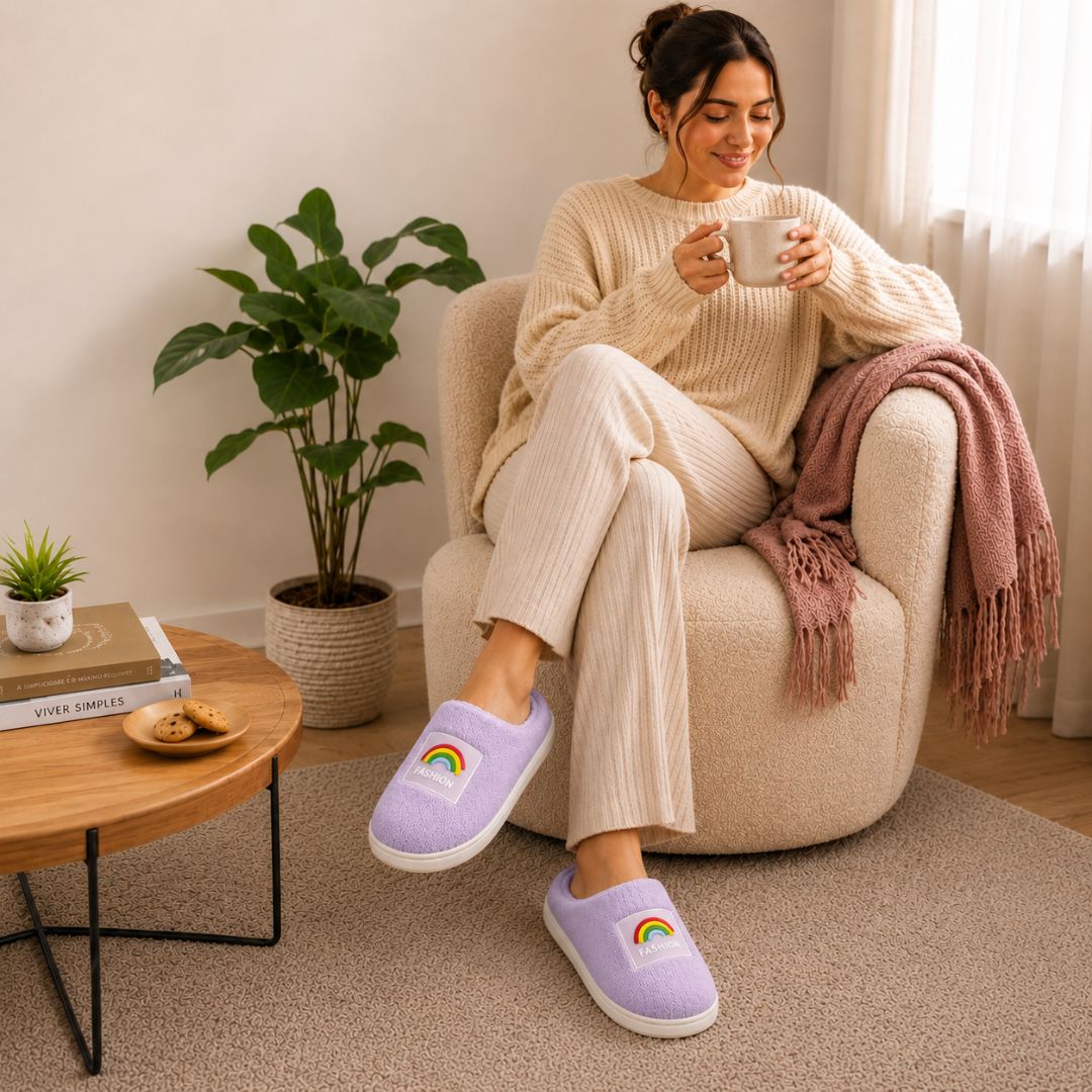 Pantufa Inverno Feminina Confortavel Antiderrapante Fashion Colorida Roxa Infantil Adulto - Imagem 4