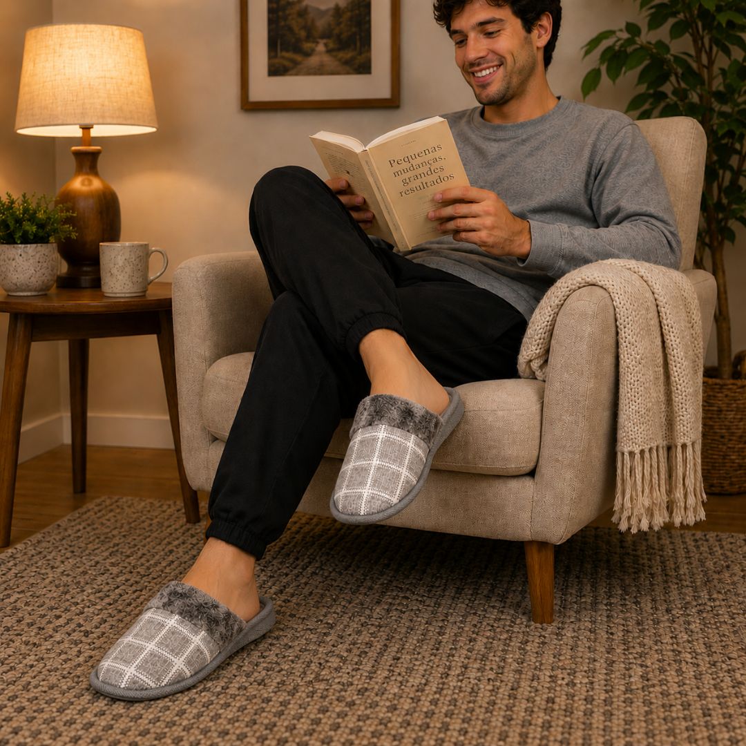 Pantufa Xadrez Cinza Premium Antiderrapante Confortável Masculina Peluciada Adulto Chinelo Inverno Quarto Frio Pai Prese - Imagem 4
