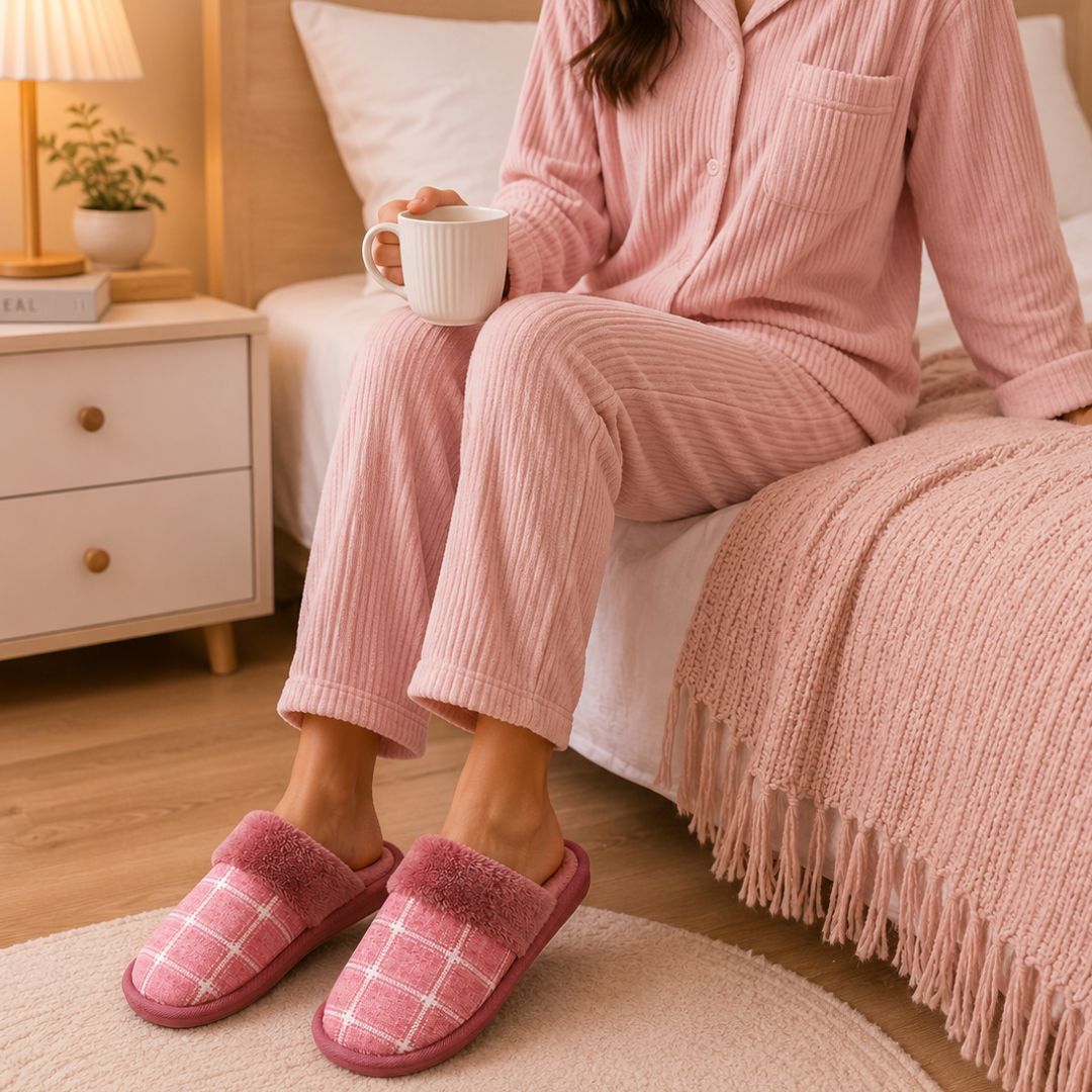 Pantufa Xadrez Premium Rosa Antiderrapante Confortavel Feminina Peluciada Adulto Chinelo De Quarto Frio - Imagem 3