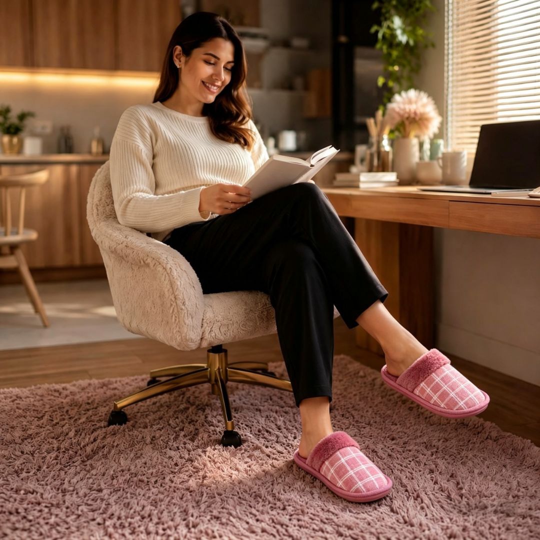 Pantufa Xadrez Premium Rosa Antiderrapante Confortavel Feminina Peluciada Adulto Chinelo De Quarto Frio - Imagem 4