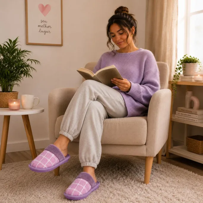 Pantufa Xadrez Premium Antiderrapante Confortavel Feminina Peluciada Adulto Chinelo De Quarto Frio Mãe Presente Fleece - Imagem 4