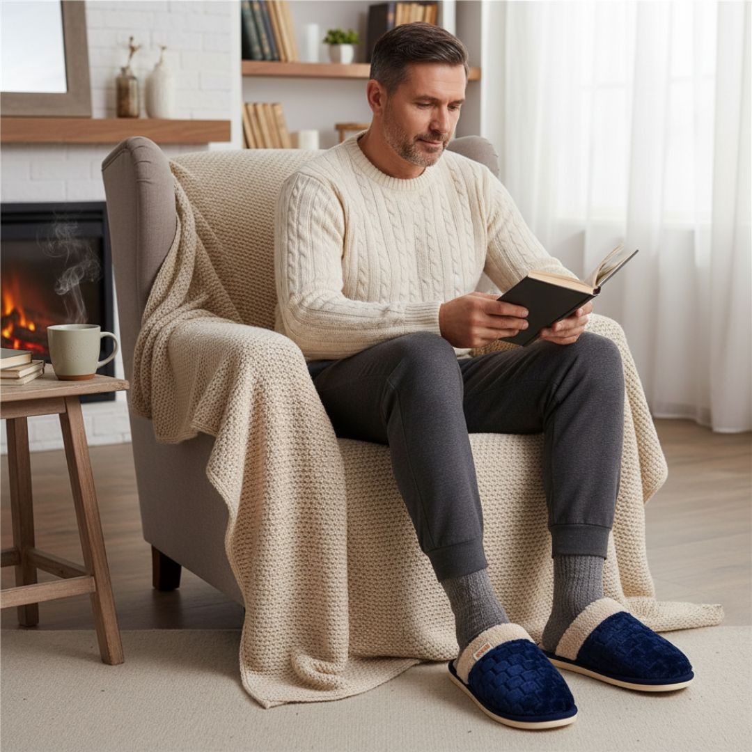 Pantufa Masculina Azul Peluciada Comfort Inverno Chinelo Quente Frio Adulto Pai - Imagem 4