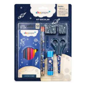 Kit Escolar Astronauta c/7 Peças Lápis de Cor Tesoura Cola Borracha Apontador Volta as Aulas Infantil