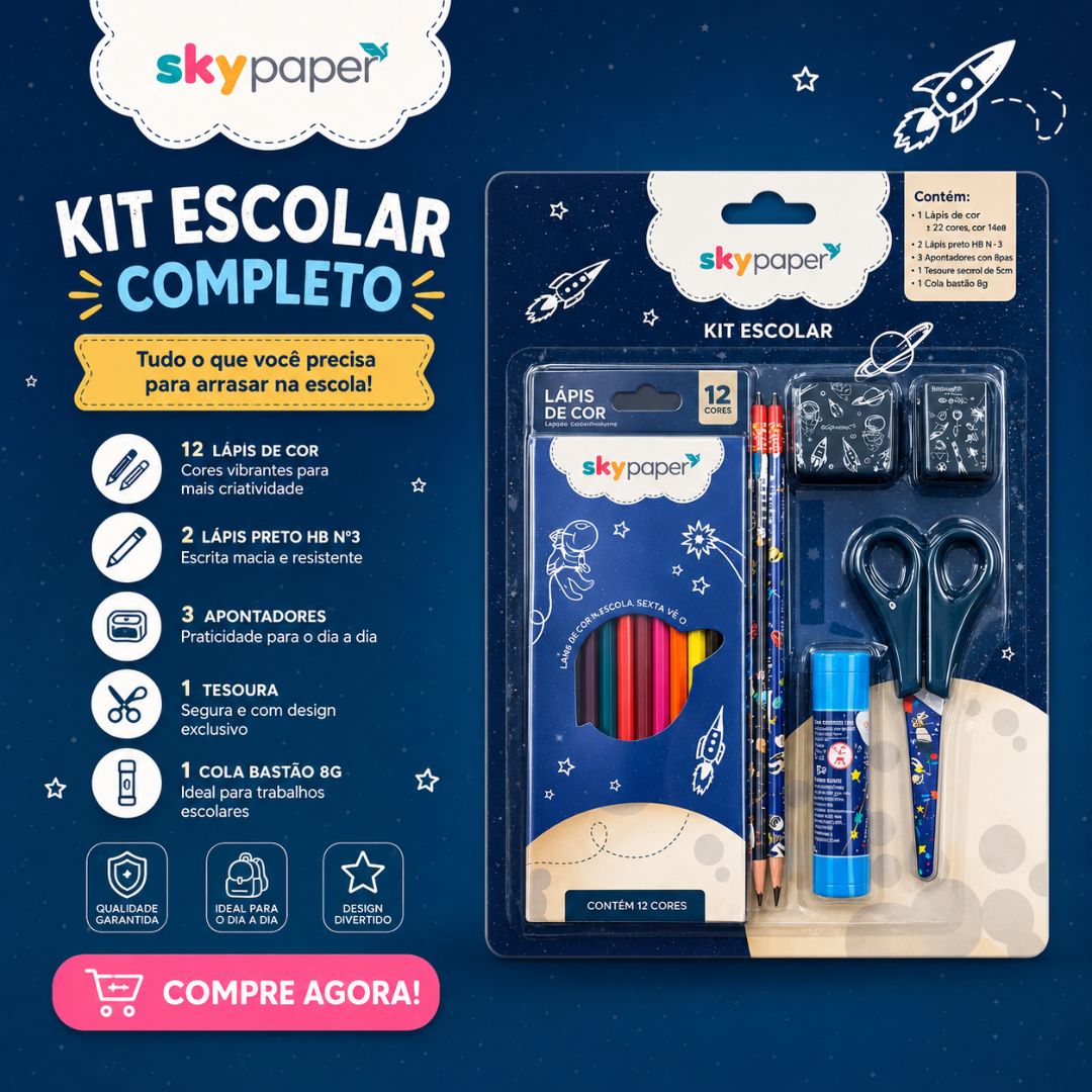 Kit Escolar Astronauta c/7 Peças Lápis de Cor Tesoura Cola Borracha Apontador Volta as Aulas Infantil - Imagem 2