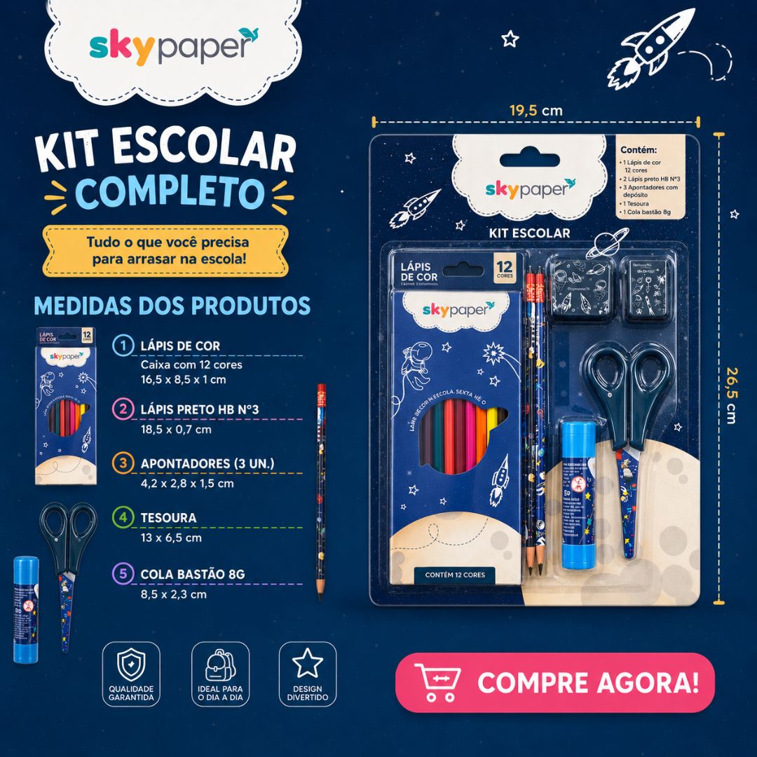 Kit Escolar Astronauta c/7 Peças Lápis de Cor Tesoura Cola Borracha Apontador Volta as Aulas Infantil - Imagem 3